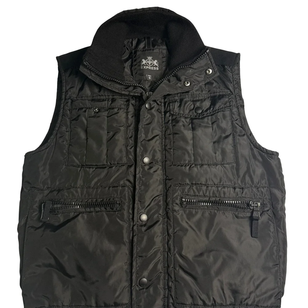 Express Mens‎ Puffer Vest Black Multi Pocket Ribbed Knit Collar Size M Y2K VTG